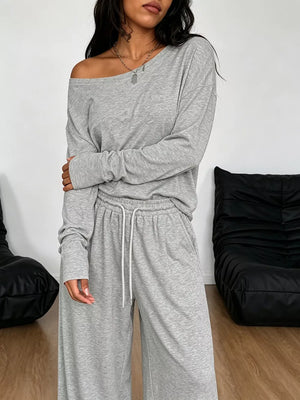 One-shoulder Top And Drawstring Pants Set Plus Size in Apricot, view 15