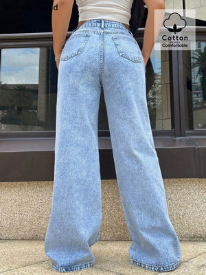 Blue denim wide-leg jeans with pockets and a comfortable cotton blend fabric.