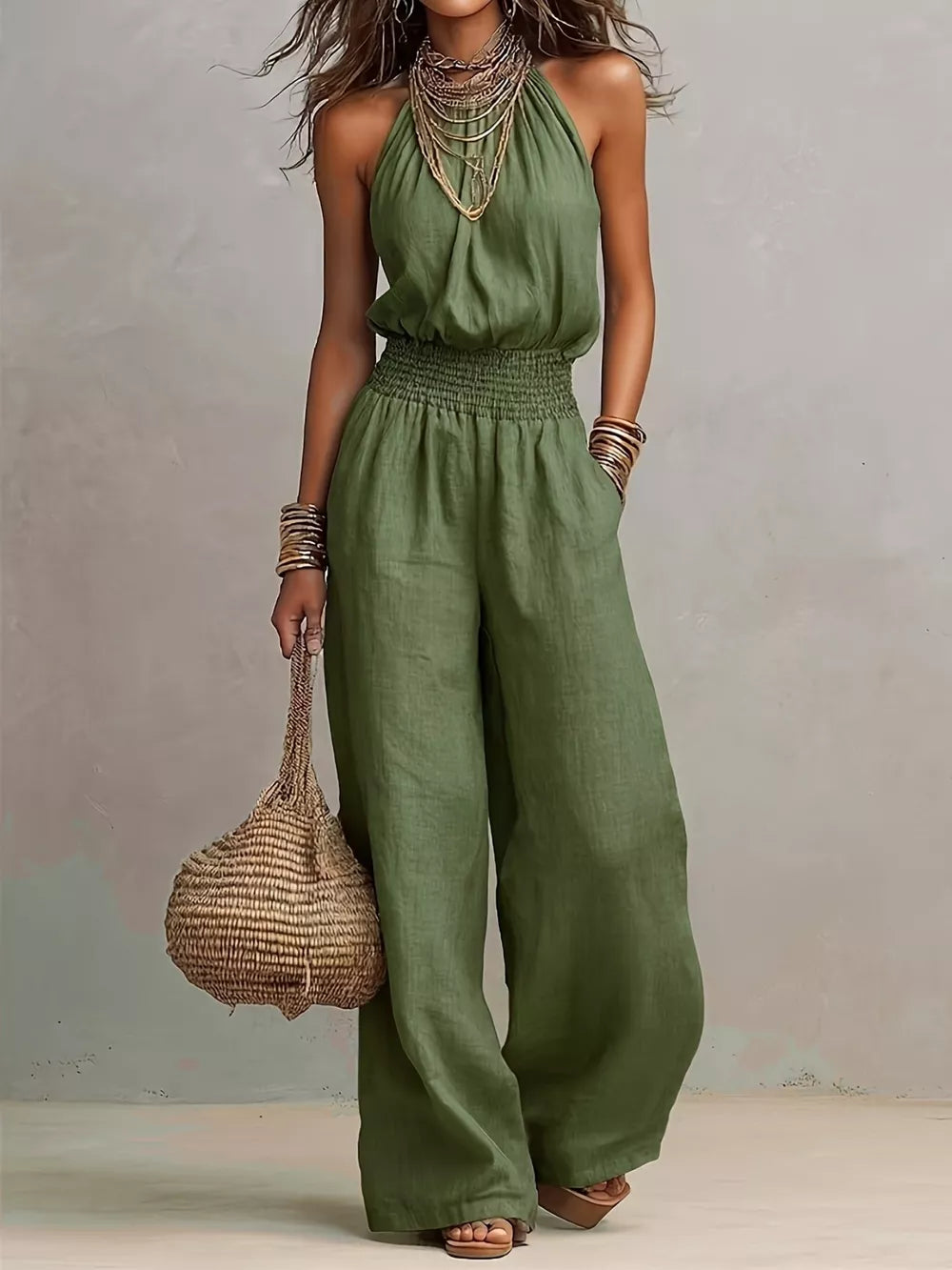 Navy Blue jumpsuit with smocked and sleeveless
