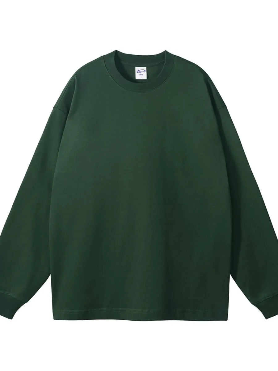 Oversized drop-shoulder crewneck pullover in dark green, 100% cotton.