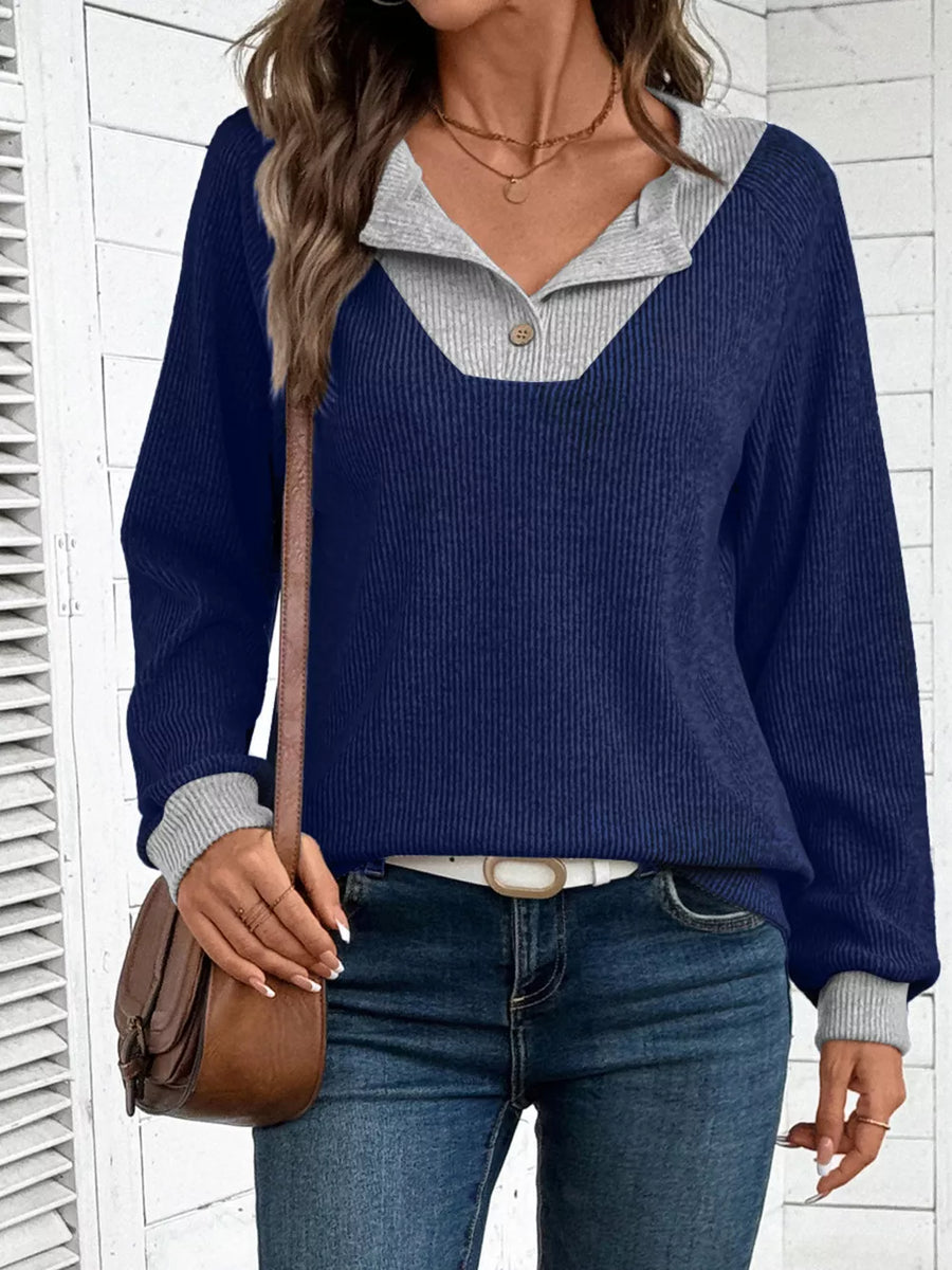 Navy and gray ribbed maternity shirt with button detail and contrast collar.