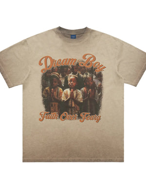 Khaki graphic t-shirt with puff sleeves featuring children praying and "Dream Big Faith Over Fear" text.