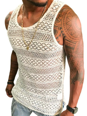Ivory crochet tank top with geometric pattern and scoop neck.