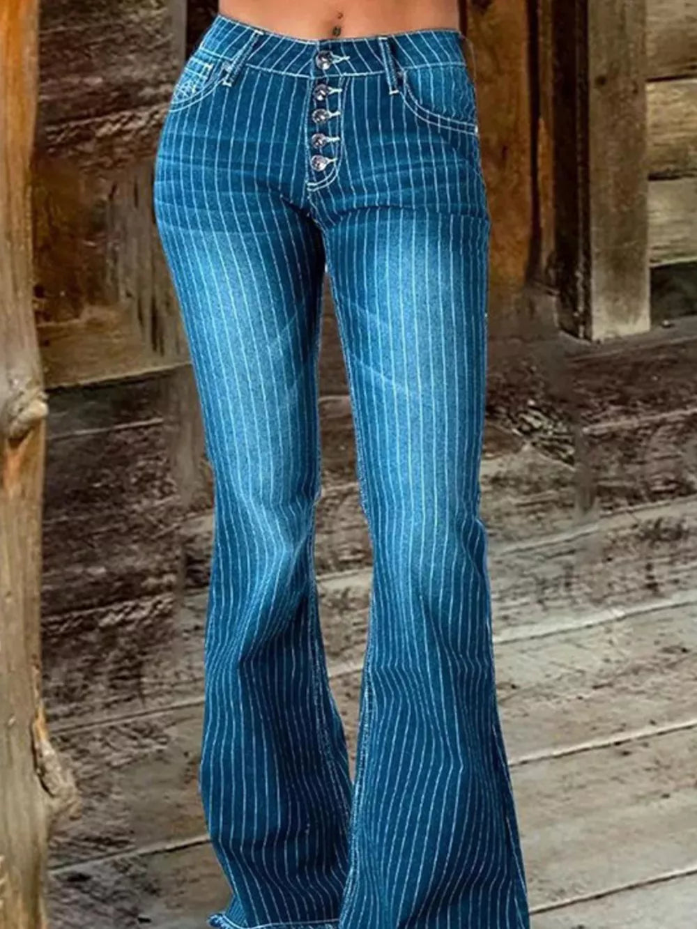Blue pinstripe denim maternity flare jeans with button fly