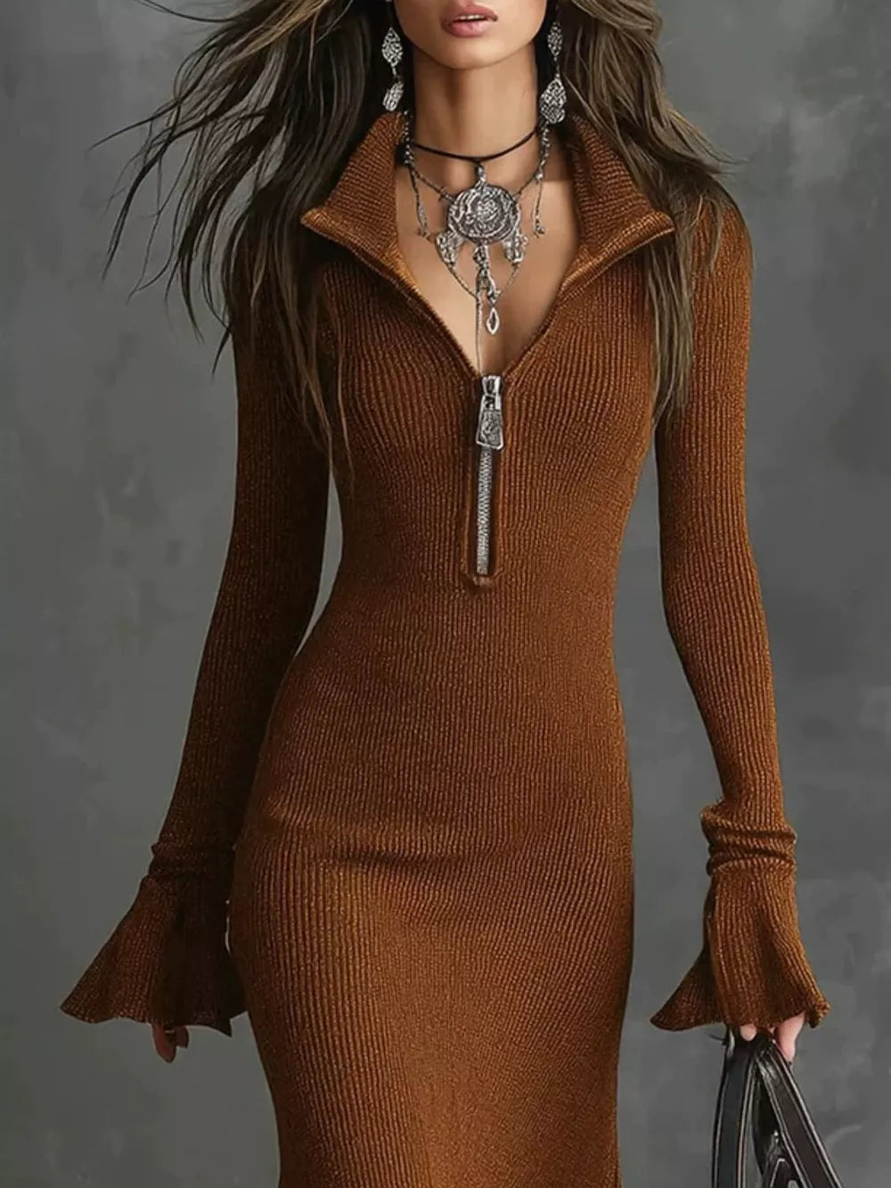 sweater dress in Amber with ribbed and ruffled