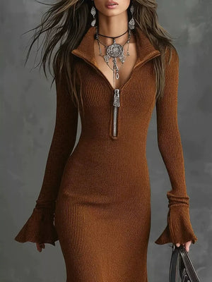 sweater dress in Amber with ribbed and ruffled