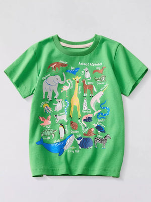 Green t-shirt with an animal alphabet graphic print.