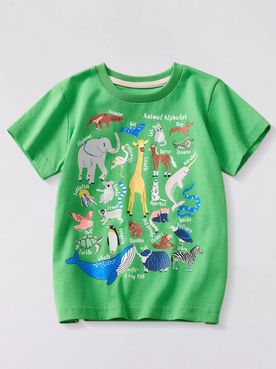Green t-shirt with an animal alphabet graphic print.