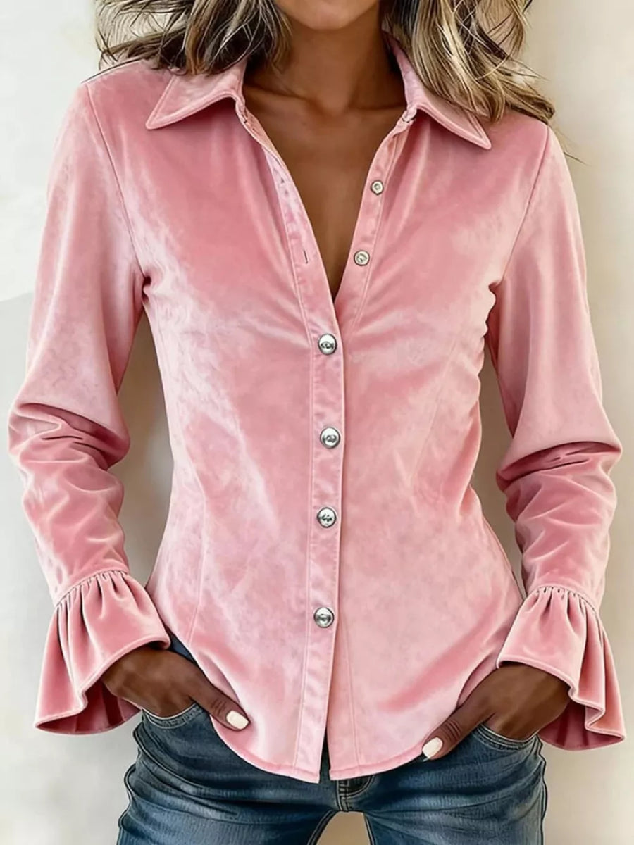 button-up shirt in blush pink featuring buttoned and fitted fit