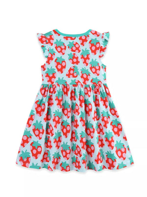 Baby dress with strawberry print, ruffle sleeves, and round neckline.