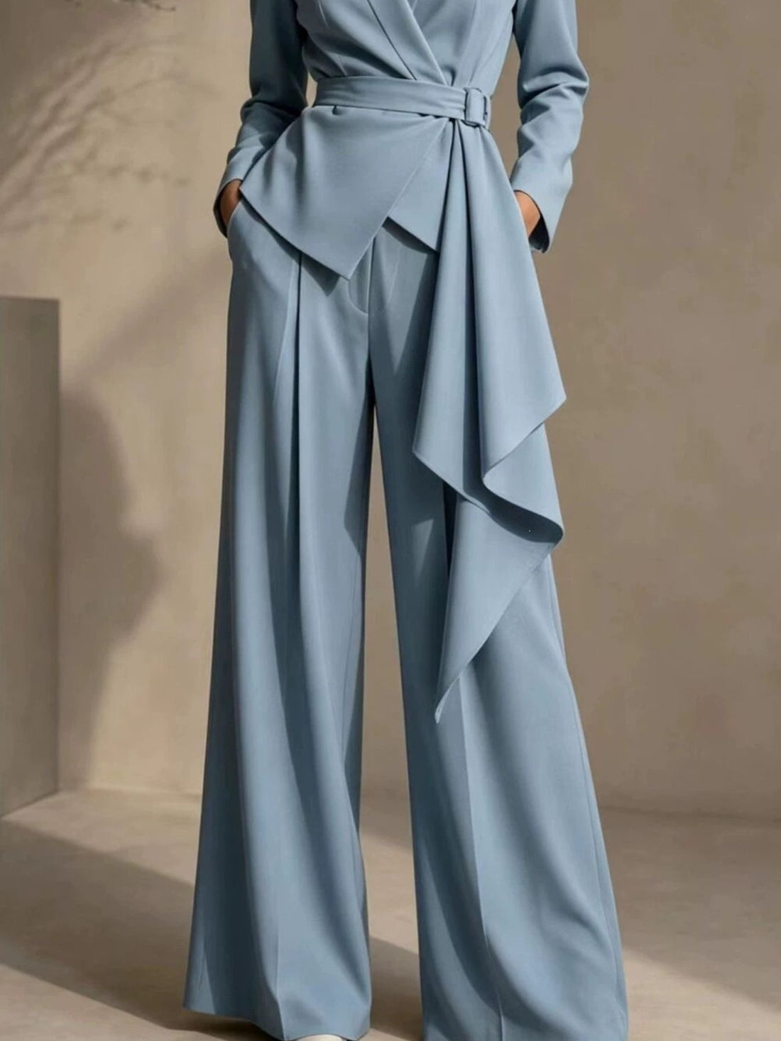 camel tailored pants set with shawl lapel