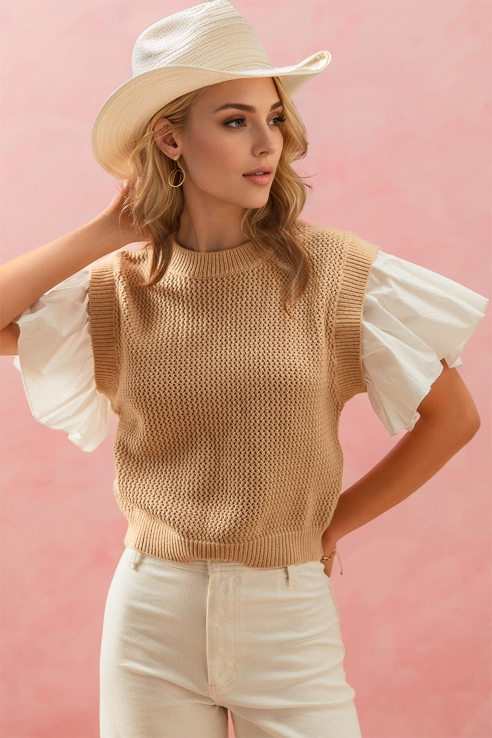 Vonili black knitted vest with ruffled poplin sleeves
