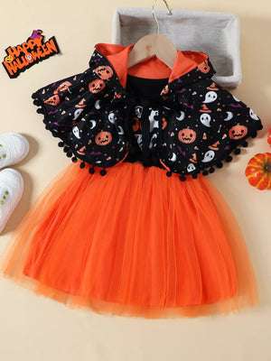 orange A-line dress featuring layered and novelty print