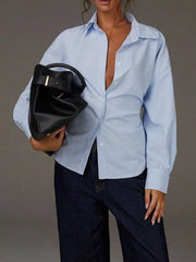 Khaki button-down shirt with hip-length and button-front