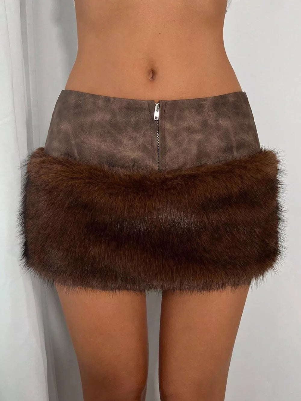 Brown Faux Fur Trim Mini Skirt
