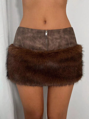 Brown Faux Fur Trim Mini Skirt
