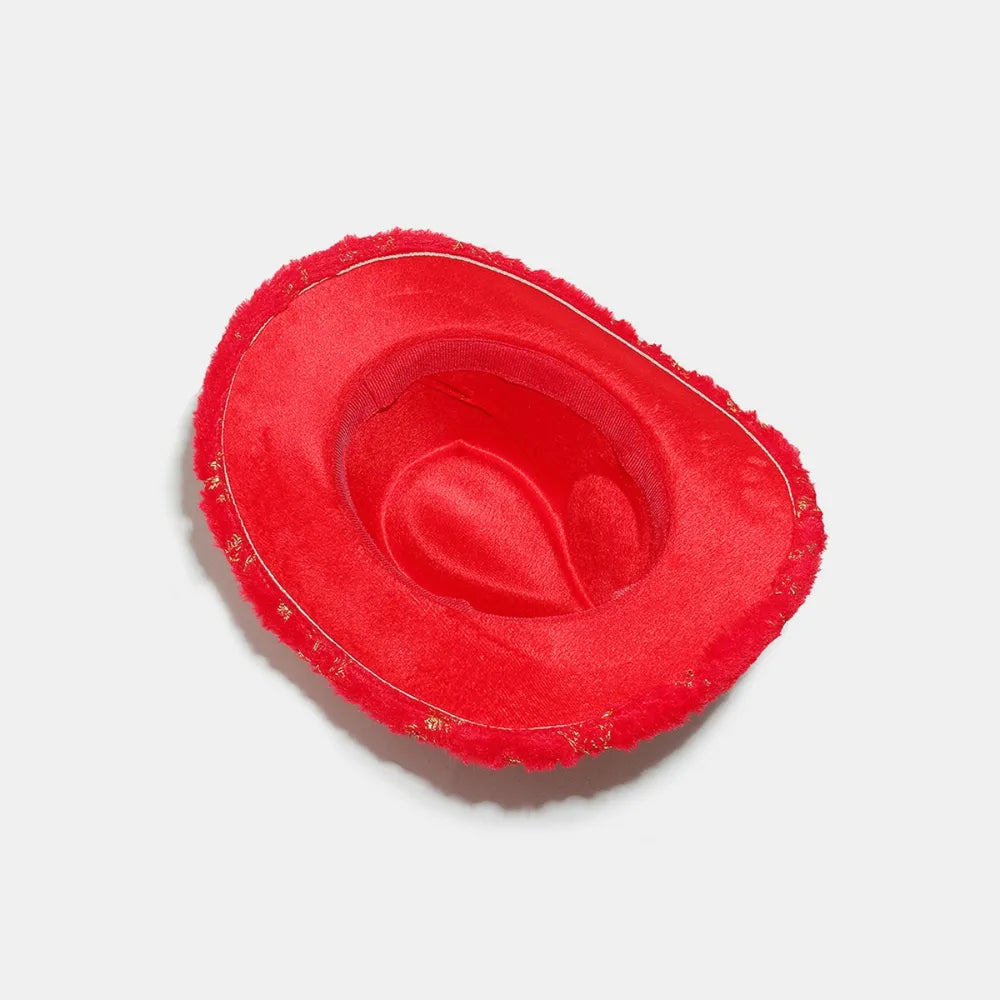 Crimson faux fur cowboy hat with gold trim detail and satin lining.