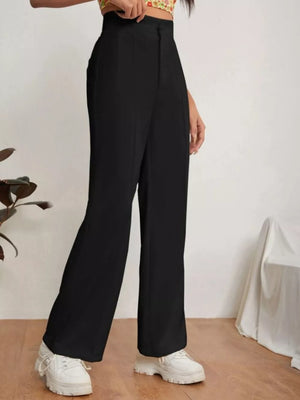 Black high-waisted maternity pants with clean lines and a center seam.