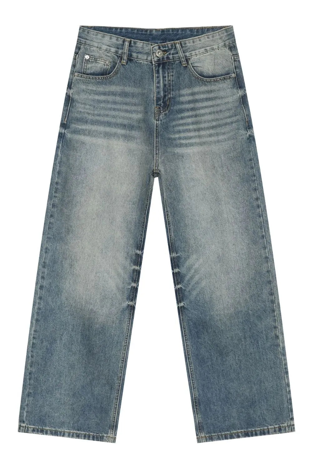 Baggy wash denim trousers in medium blue with a faded, distressed look and wide leg.
