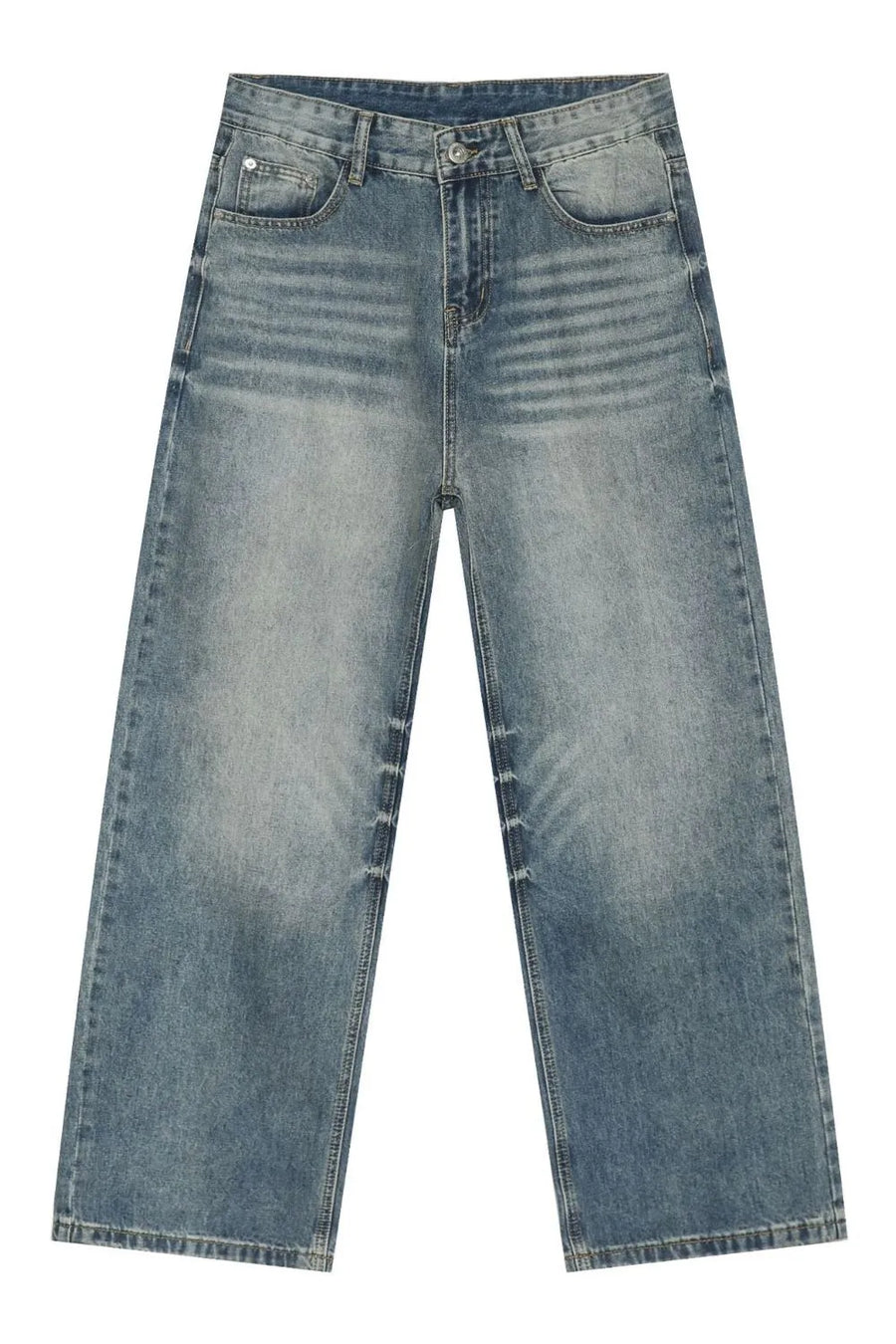 Baggy wash denim trousers in medium blue with a faded, distressed look and wide leg.