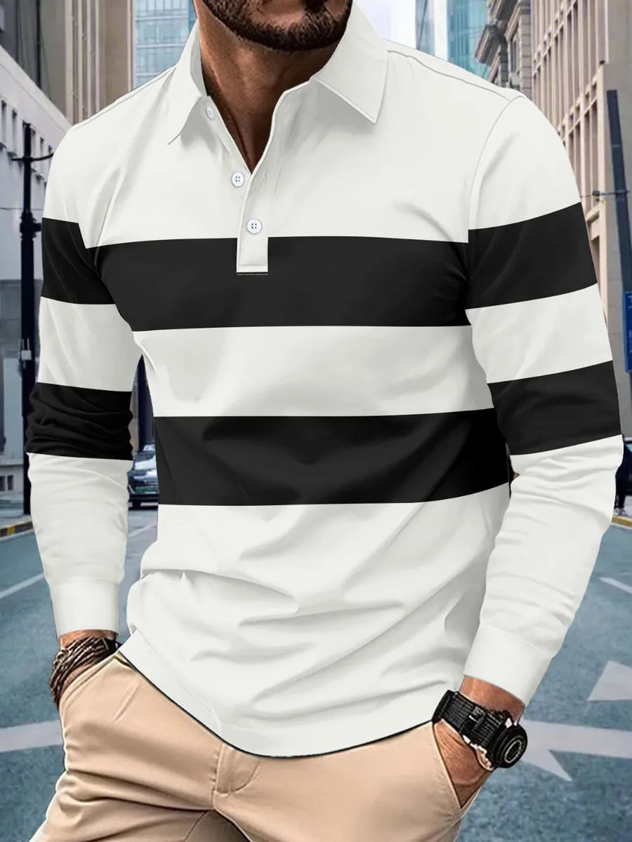 Long sleeve polo shirt with horizontal black and white stripes and a buttoned collar.