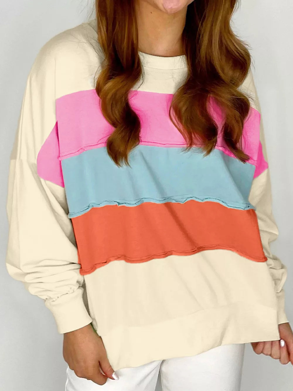 Cream Colorblock Patchwork Crewneck Sweatshirt