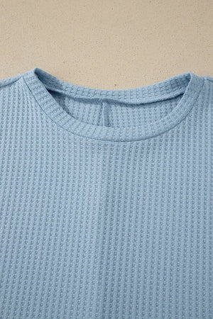 Light Blue with Waffle Knit Dolman Sleeve Loose Top in Light Blue