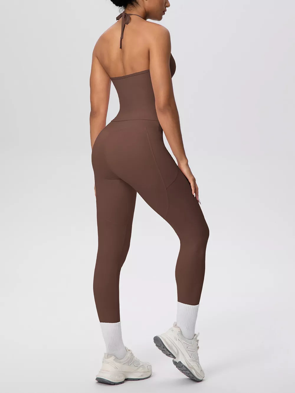 Brown fitted activewear with halter
