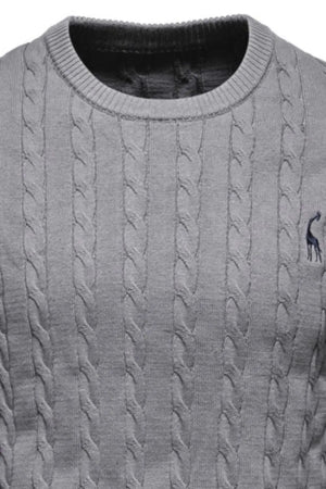 Gray cable knit crewneck sweater with embroidered giraffe detail