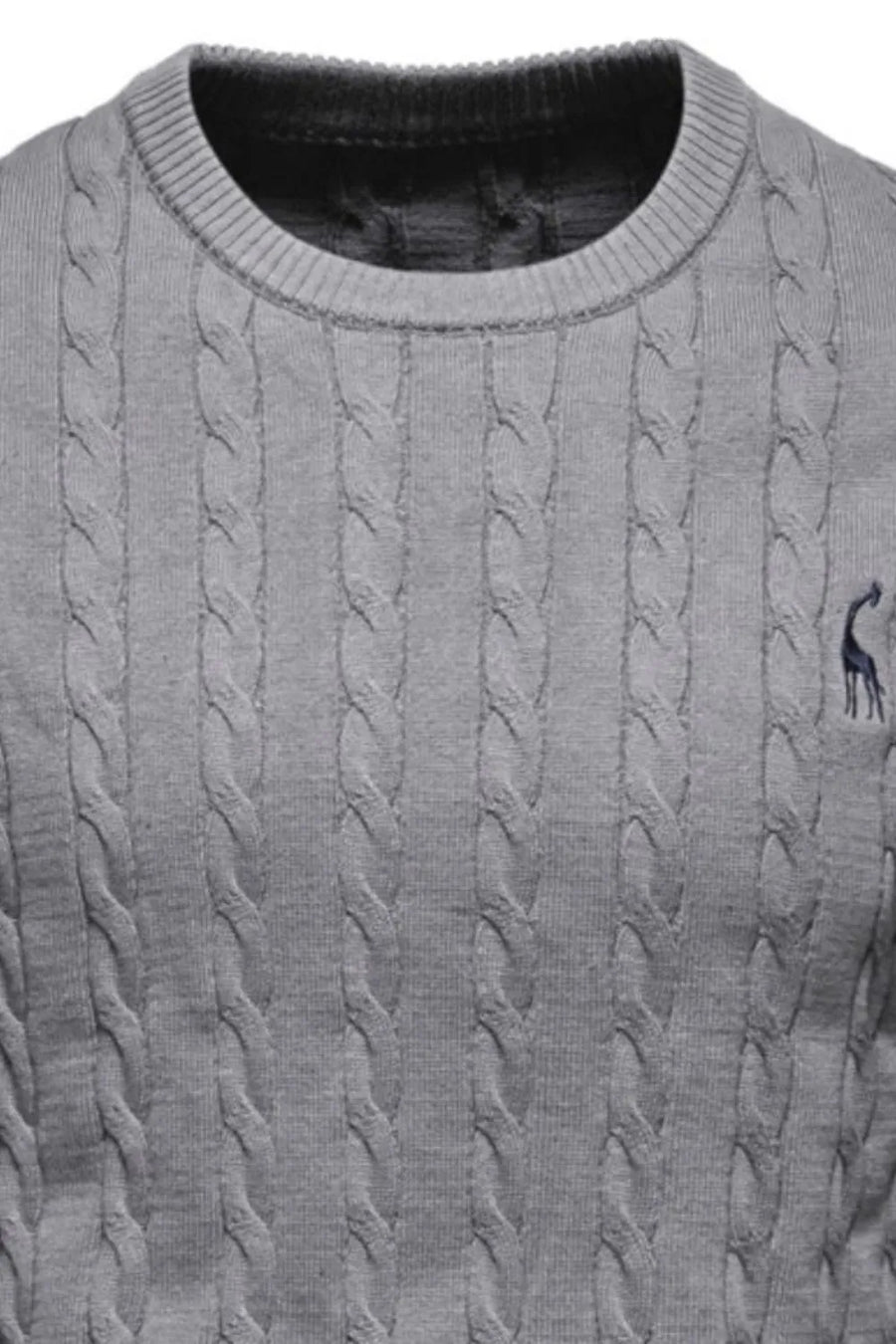 Gray cable knit crewneck sweater with embroidered giraffe detail