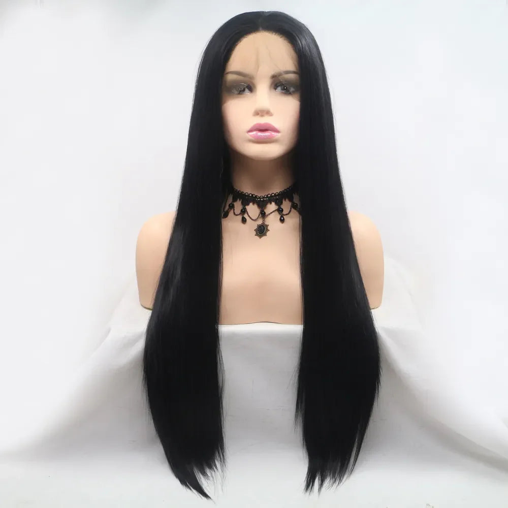 Glossy black straight lace front wig with a natural hairline and middle part.