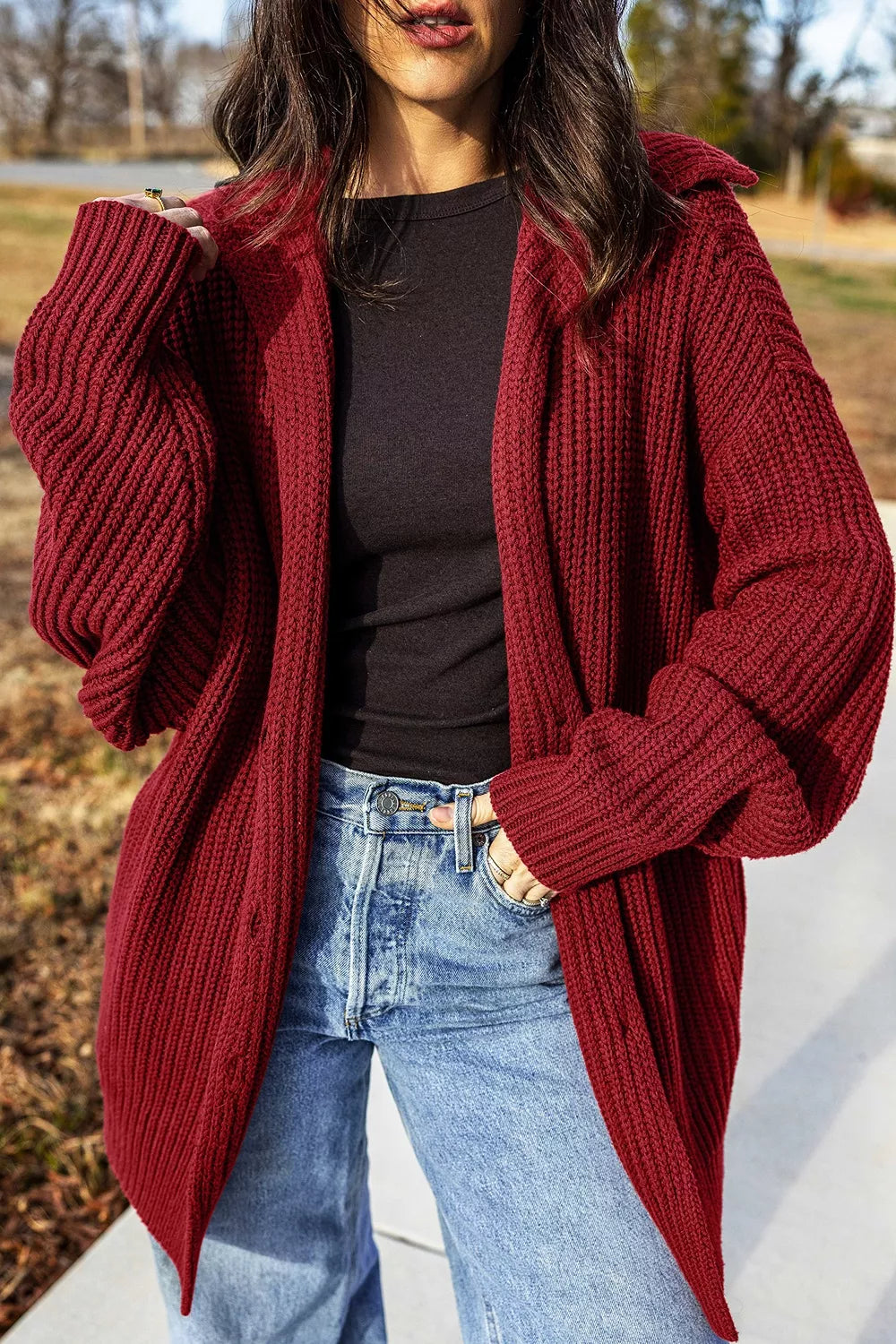cardigan in burgundy featuring pocketed and oversized fit