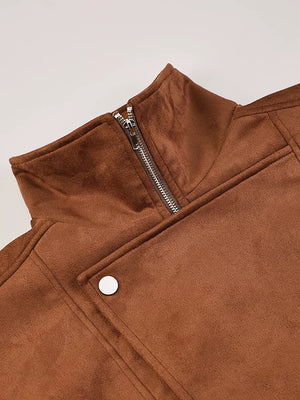 Zip Up Dropped Shoulder Moto Jacket in Brown