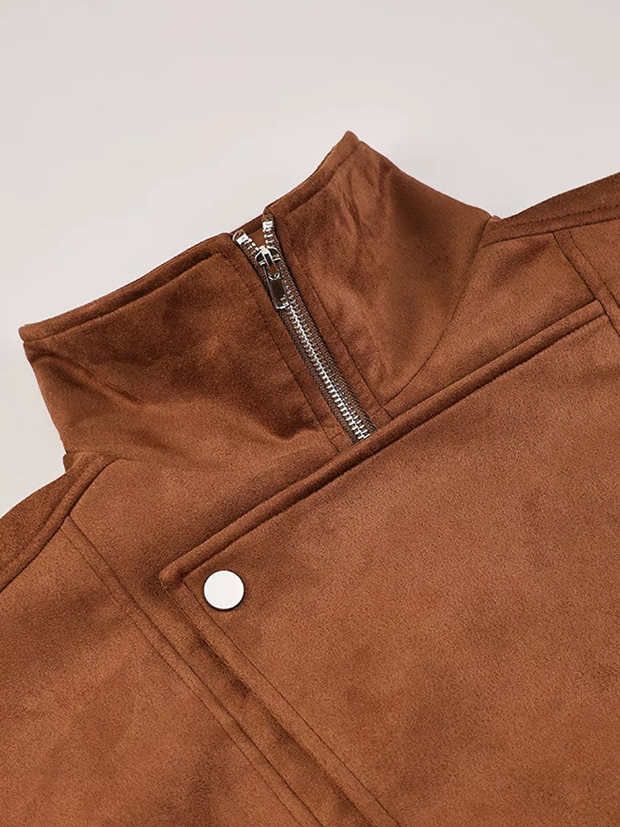Zip Up Dropped Shoulder Moto Jacket in Brown