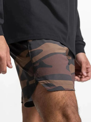 Performance drawstring running shorts in camouflage pattern with side vents.