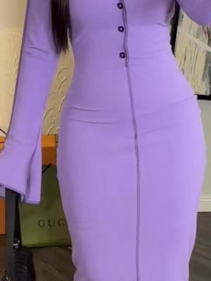 Lavender Purple, Button Front Long Sleeve Midi Dress in Lavender Purple