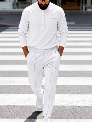 Men's Casual Long Sleeve Henley Top & Joggers Set in White