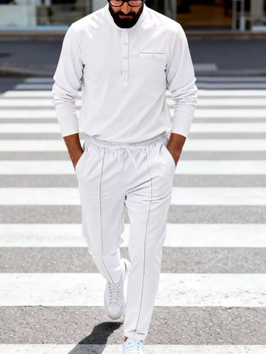 Men's Casual Long Sleeve Henley Top & Joggers Set in White