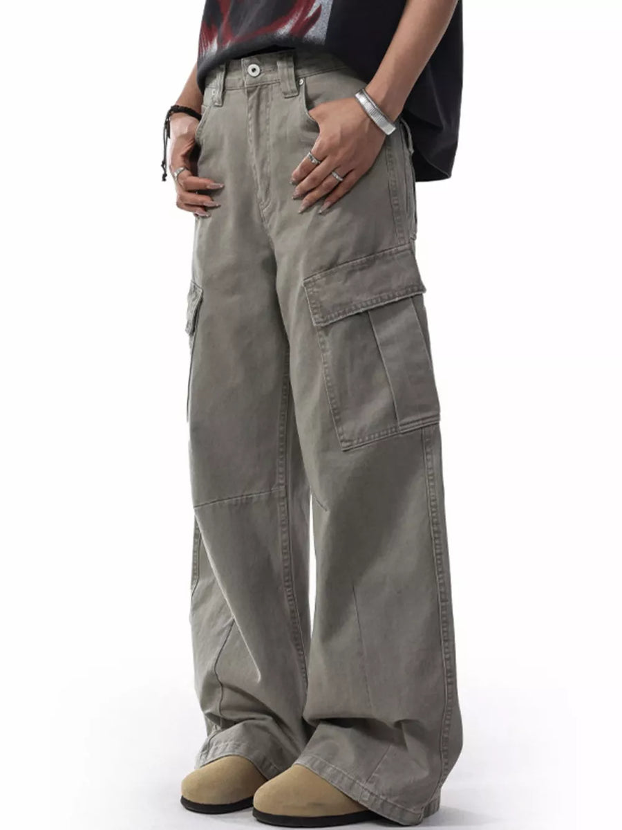 Men's Khaki cargo sweatpants with large side pockets and a relaxed fit.