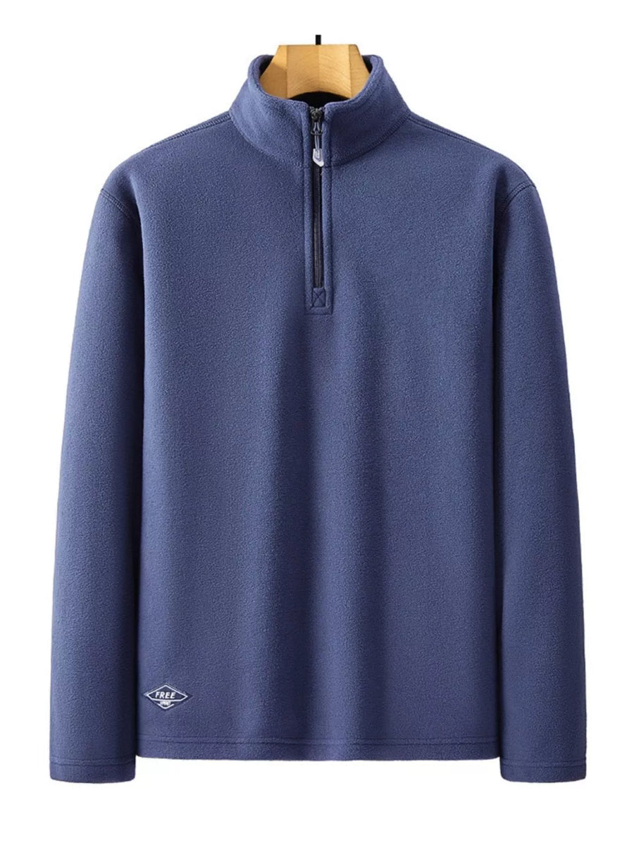 Men's blue fleece quarter zip sweatshirt with a diamond logo detail.