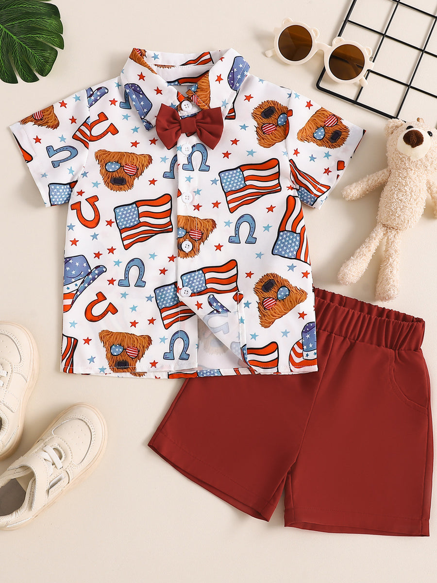 Toddler patriotic bow tie shirt set with American flag and cowboy hat print, red shorts.