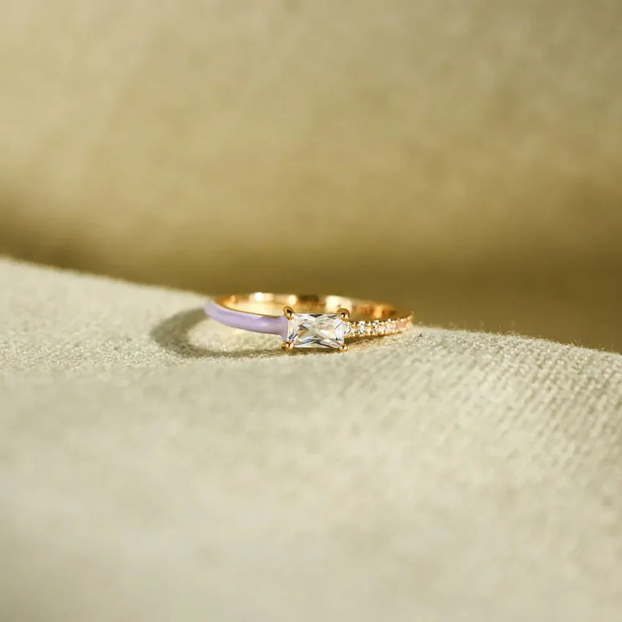 Enamel heart & pave band ring with baguette crystal in light purple and sterling silver.