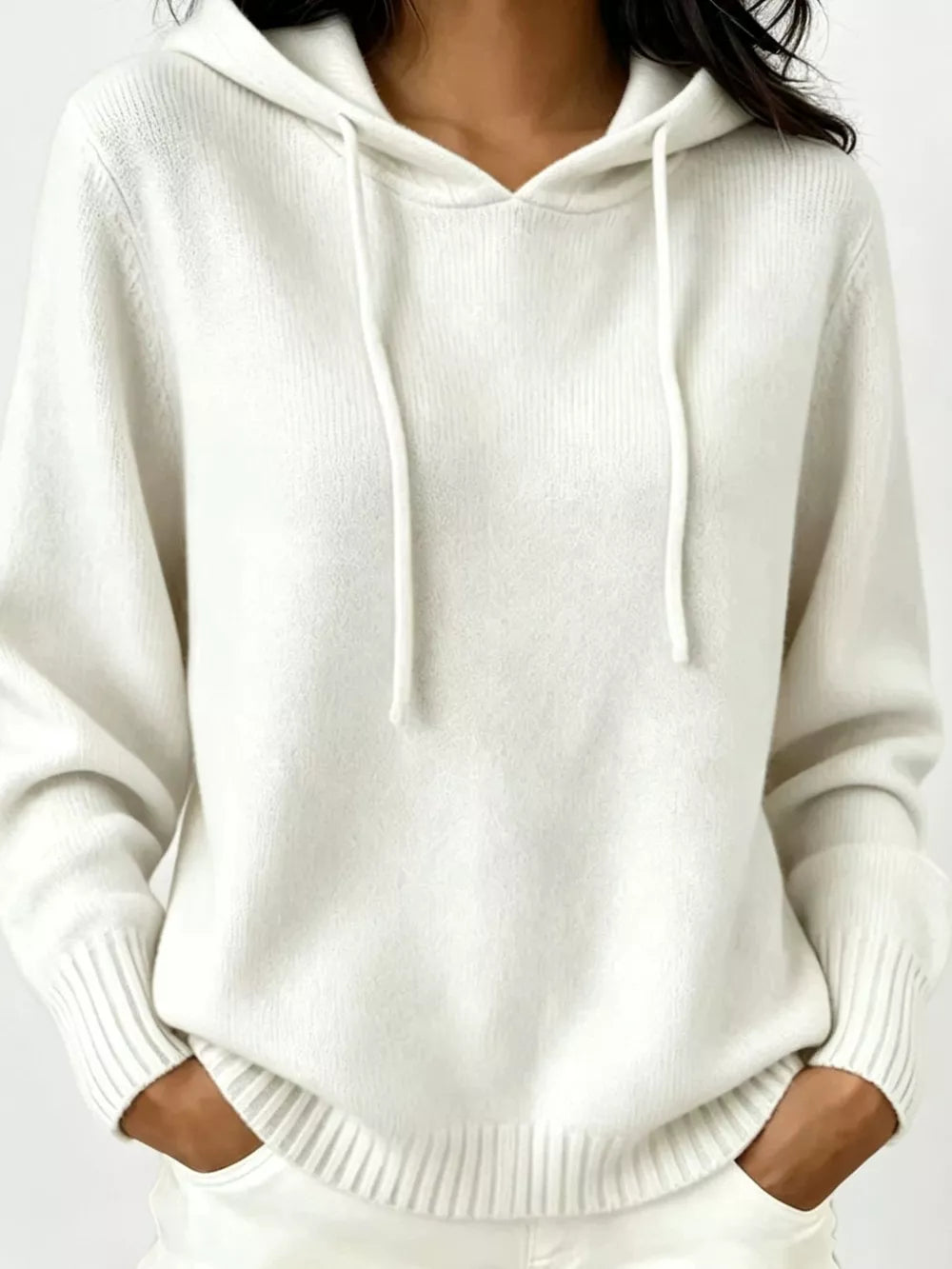 White Cozy Ribbed Long-sleeve Hooded Sweater
