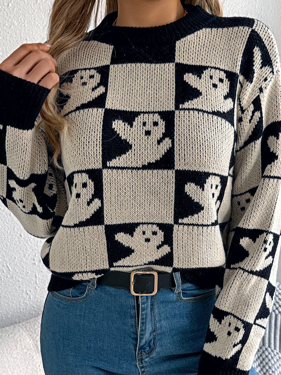 pullover sweater featuring checkerboard in Khaki with 100% acrylic Care instructions: Machine wash cold texture