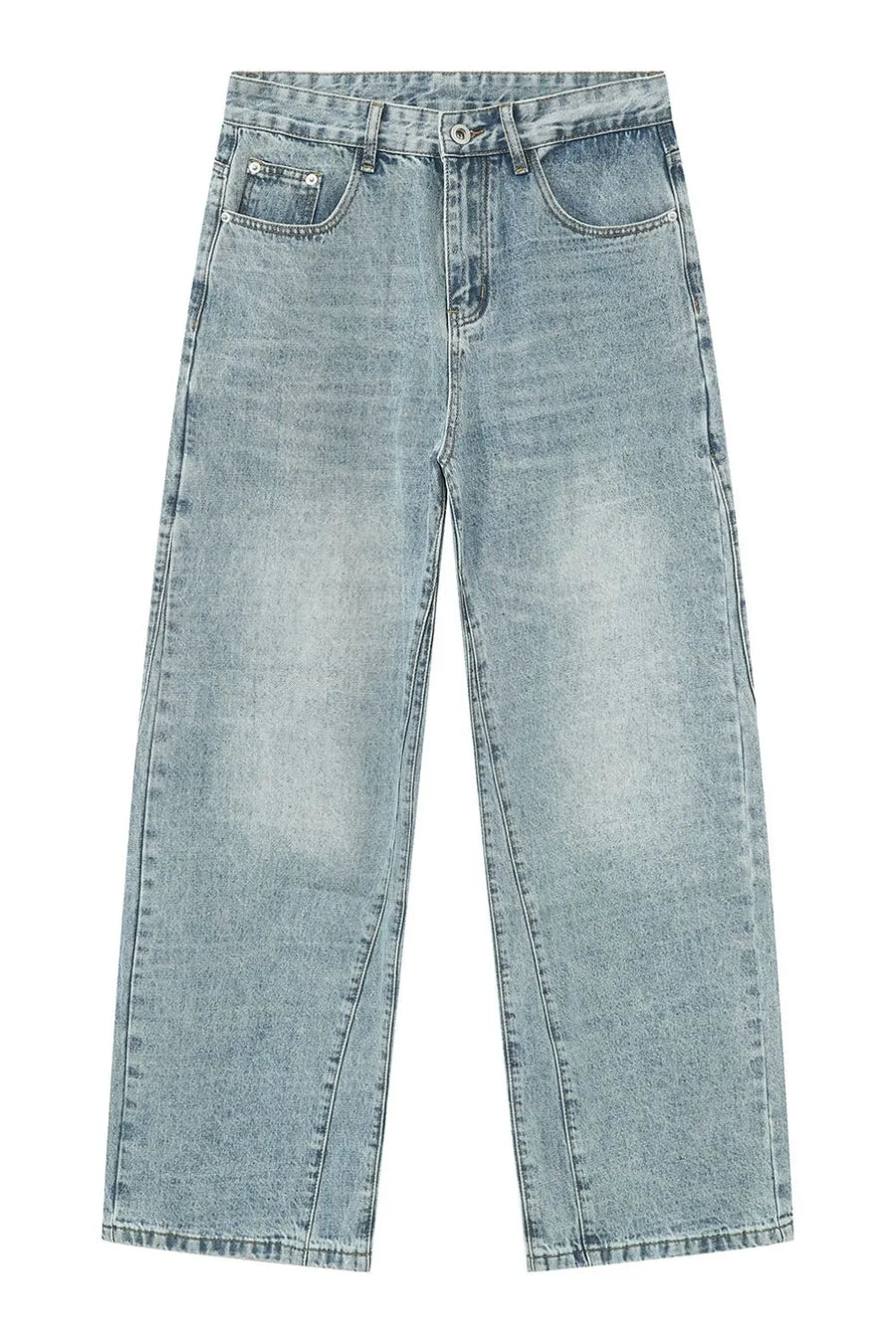 Baggy denim jeans in medium wash with subtle fading and a wide leg.