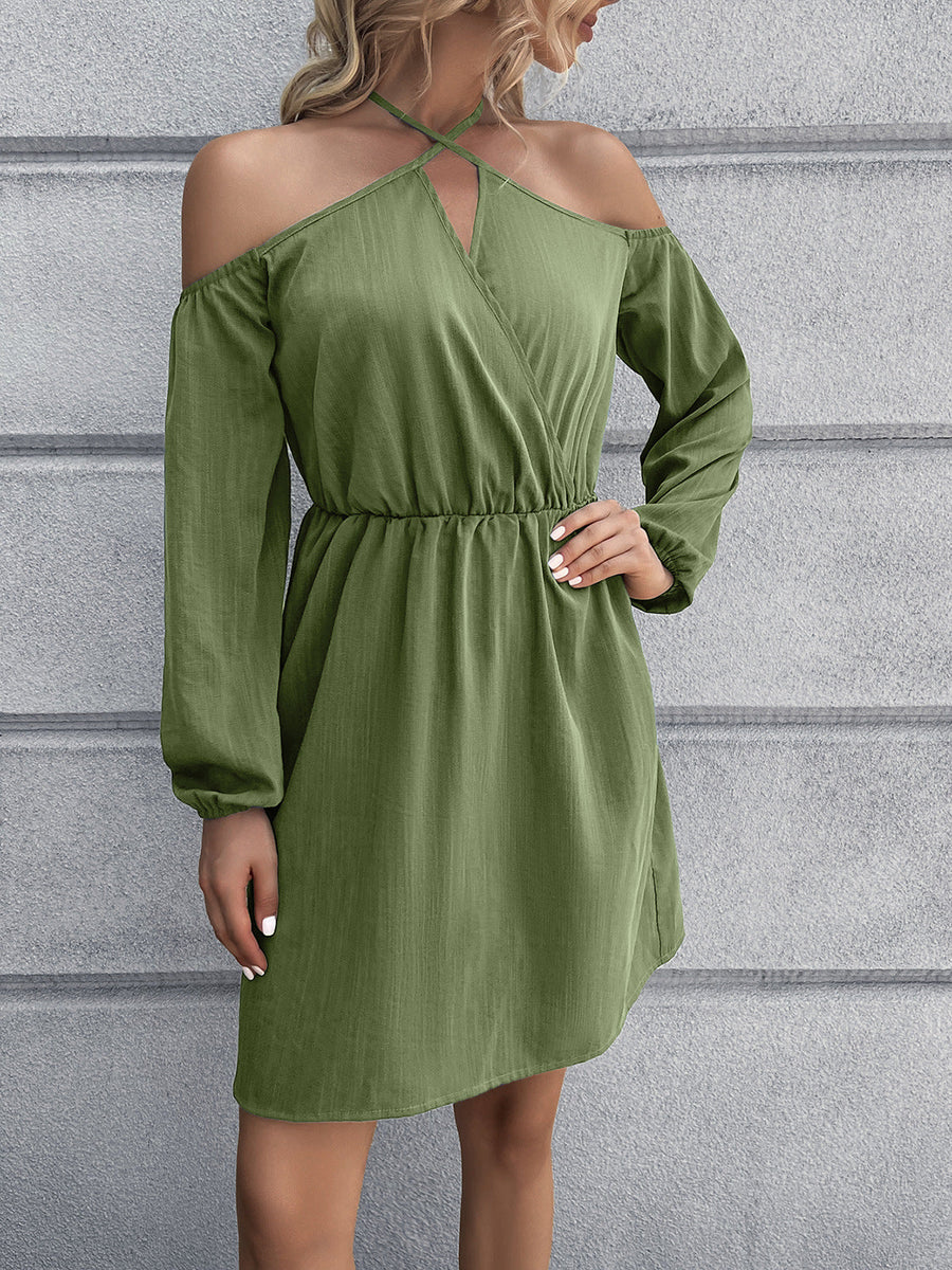 Cross-strap off-shoulder mini dress in Matcha Green with long sleeves and elastic waist.