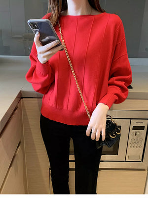 Ribbed Hem Batwing Sleeve Knit Top in Gray with ribbed hem