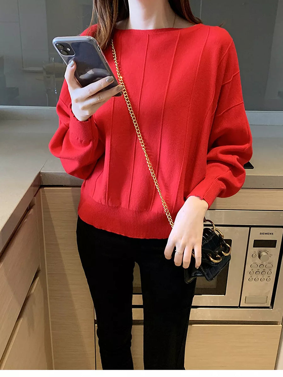 Ribbed Hem Batwing Sleeve Knit Top in Gray with ribbed hem