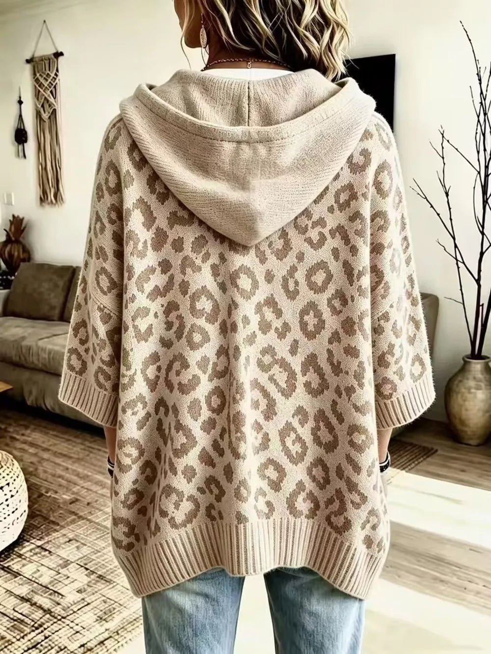 Drawstring Leopard Hooded Sweater in Khaki with drawstring