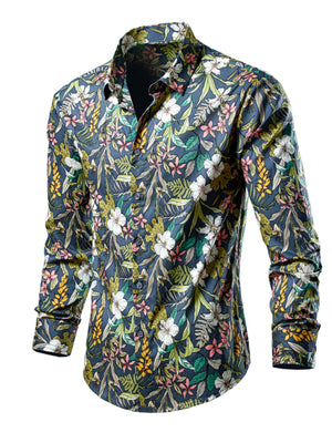 Men's button-down shirt with tropical leaf print in navy blue, long sleeves, cotton.